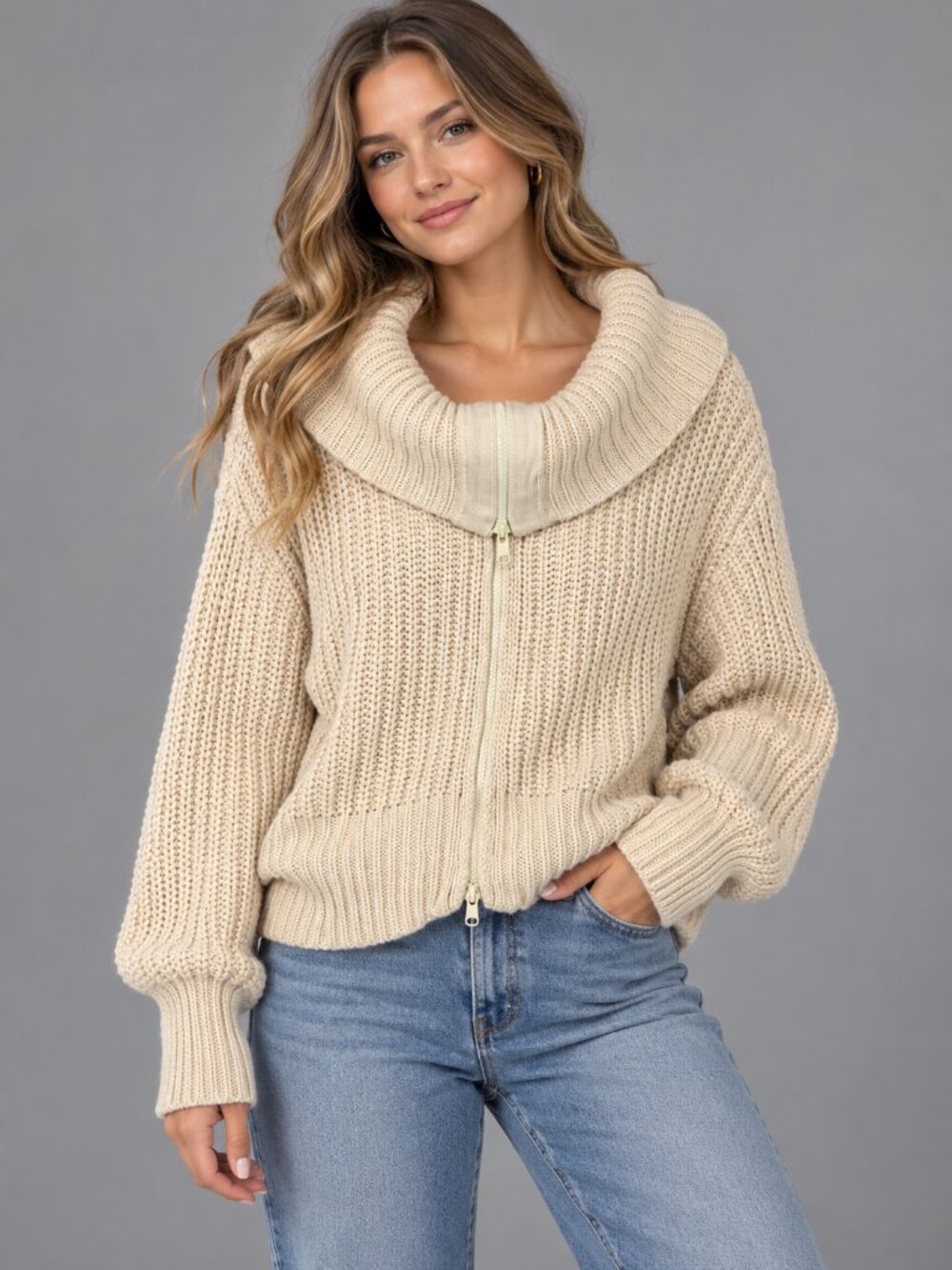 Aerie Double Zip Chunky Knit Cowl Neck Sweater – XL